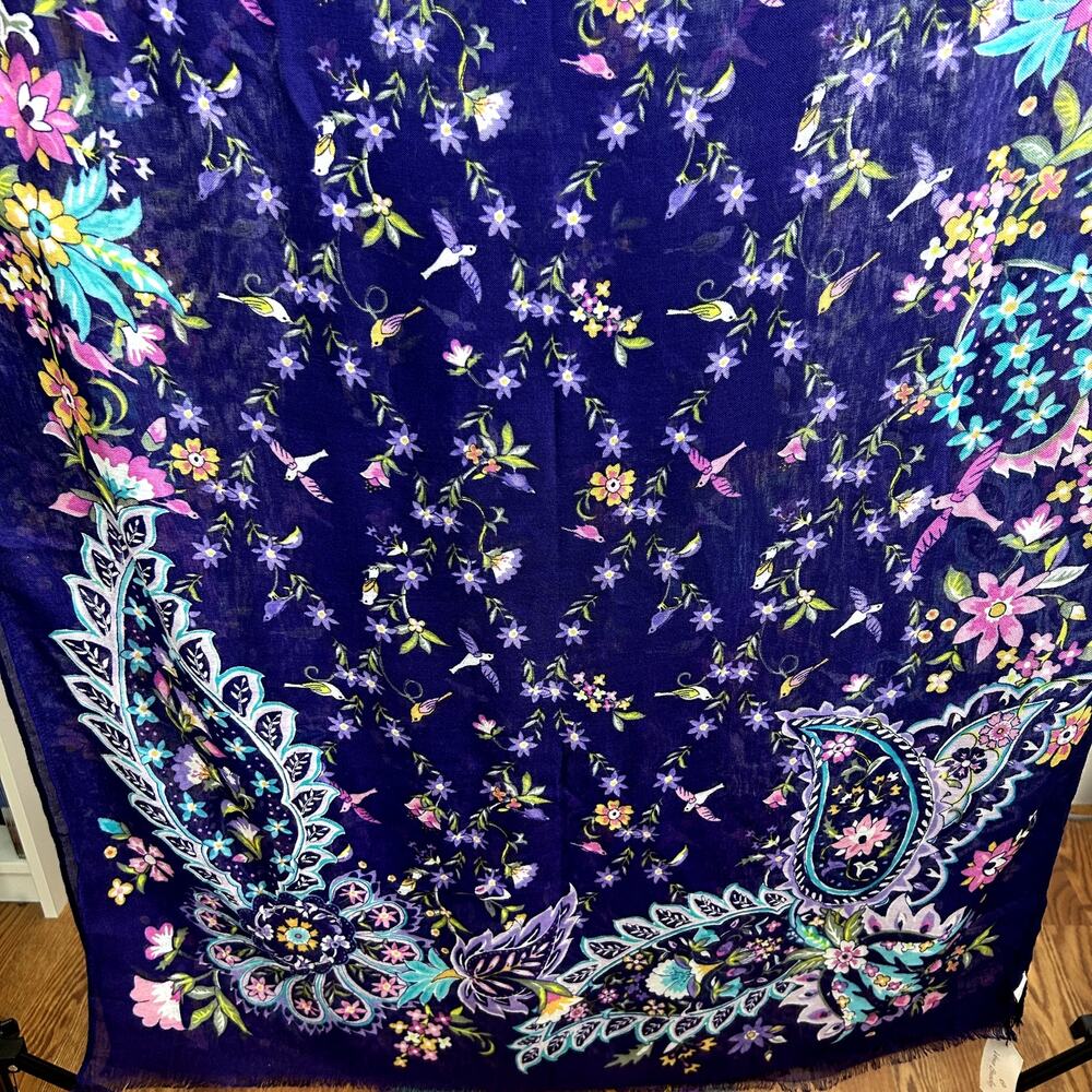 NWT Vera Bradley Purple Paisley Floral Scarf Fringe Rayon Bird Print Lightweight - Picture 11 of 17